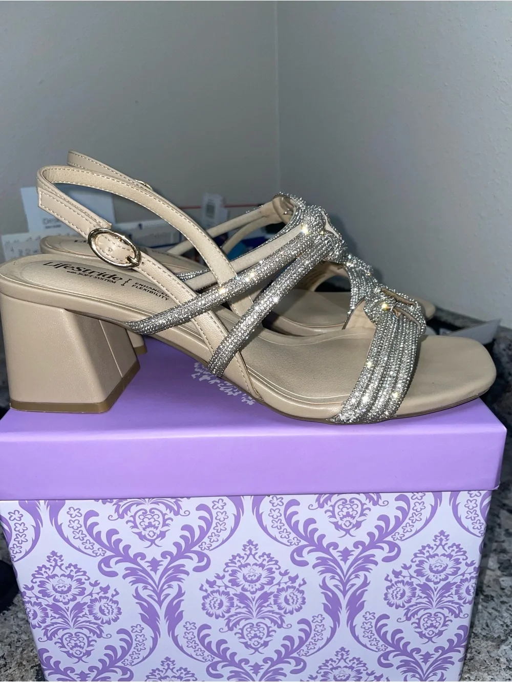 Life Stride Beige Slingback Sandals with Silver Beaded Knots
